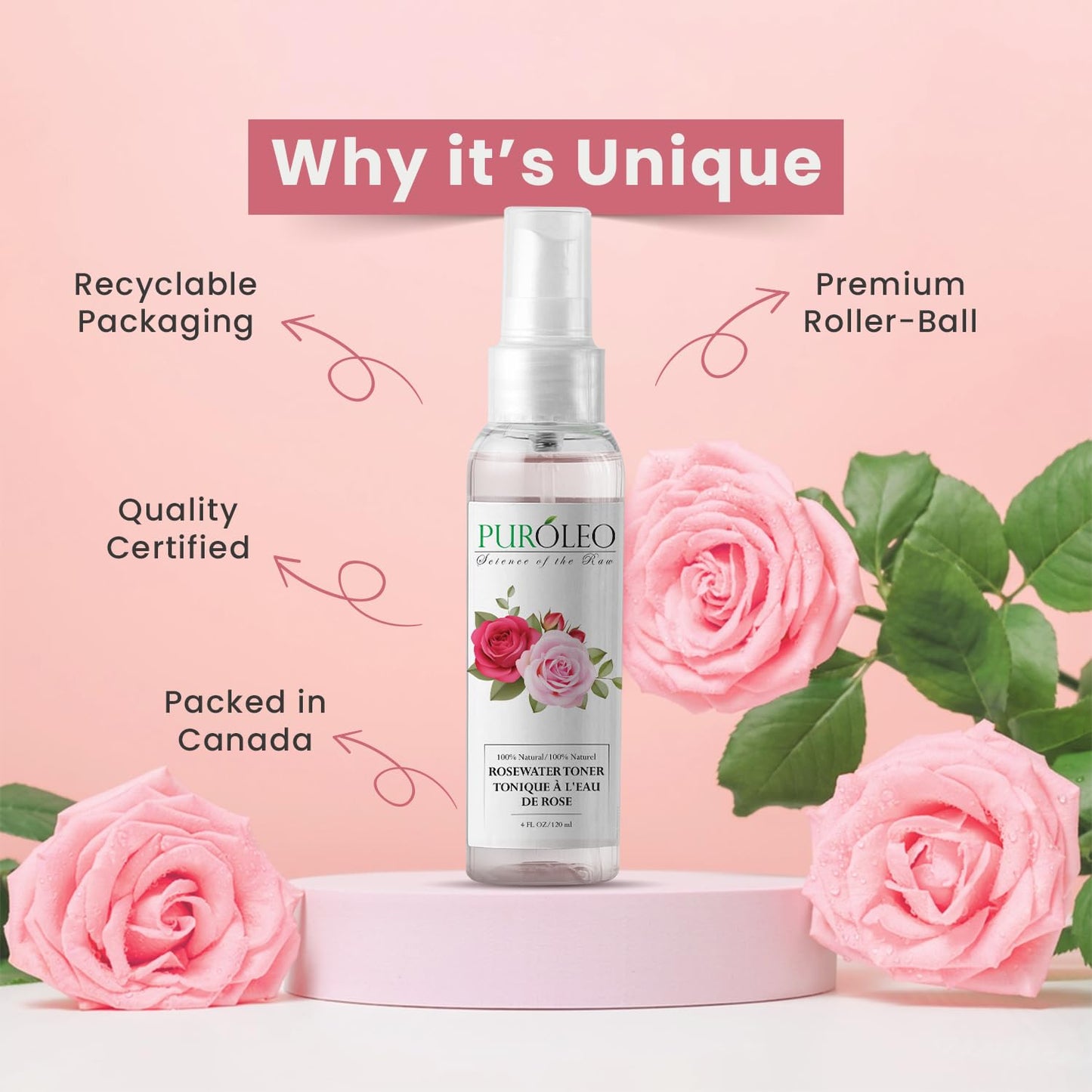 PUROLEO Rose Water 8 Fl Oz/236 ML