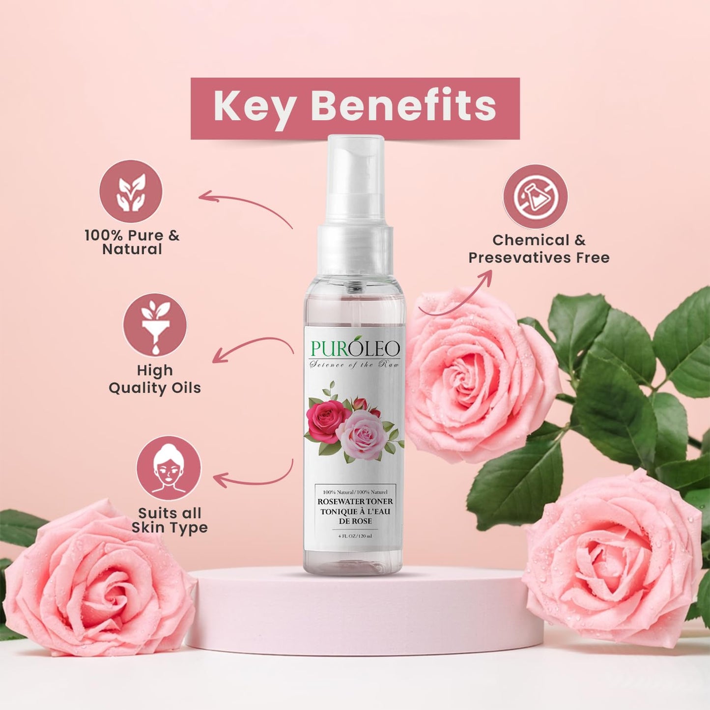 PUROLEO Rose Water 8 Fl Oz/236 ML