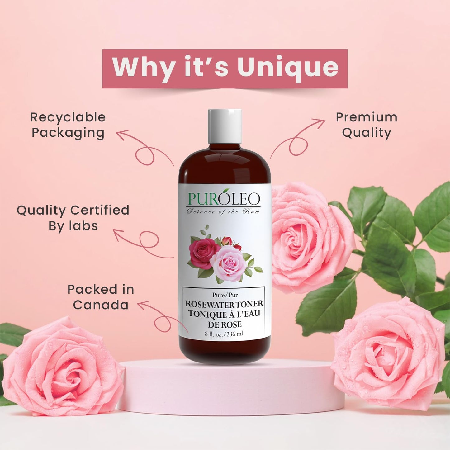 PUROLEO Rose Water 8 Fl Oz/236 ML