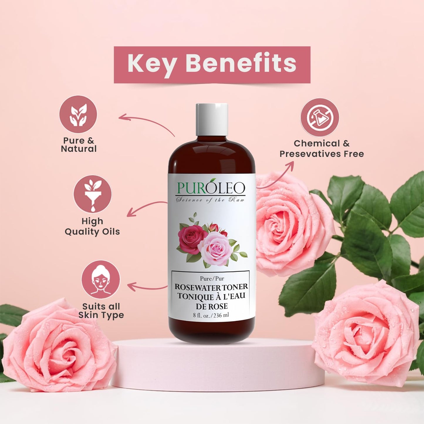 PUROLEO Rose Water 8 Fl Oz/236 ML